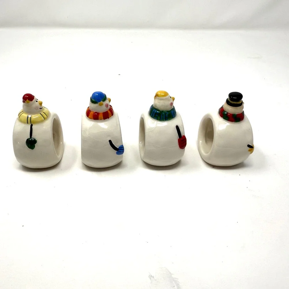 Williams Sonoma Snowman Napkin Rings Set 4‎ Holiday Christmas Ceramic